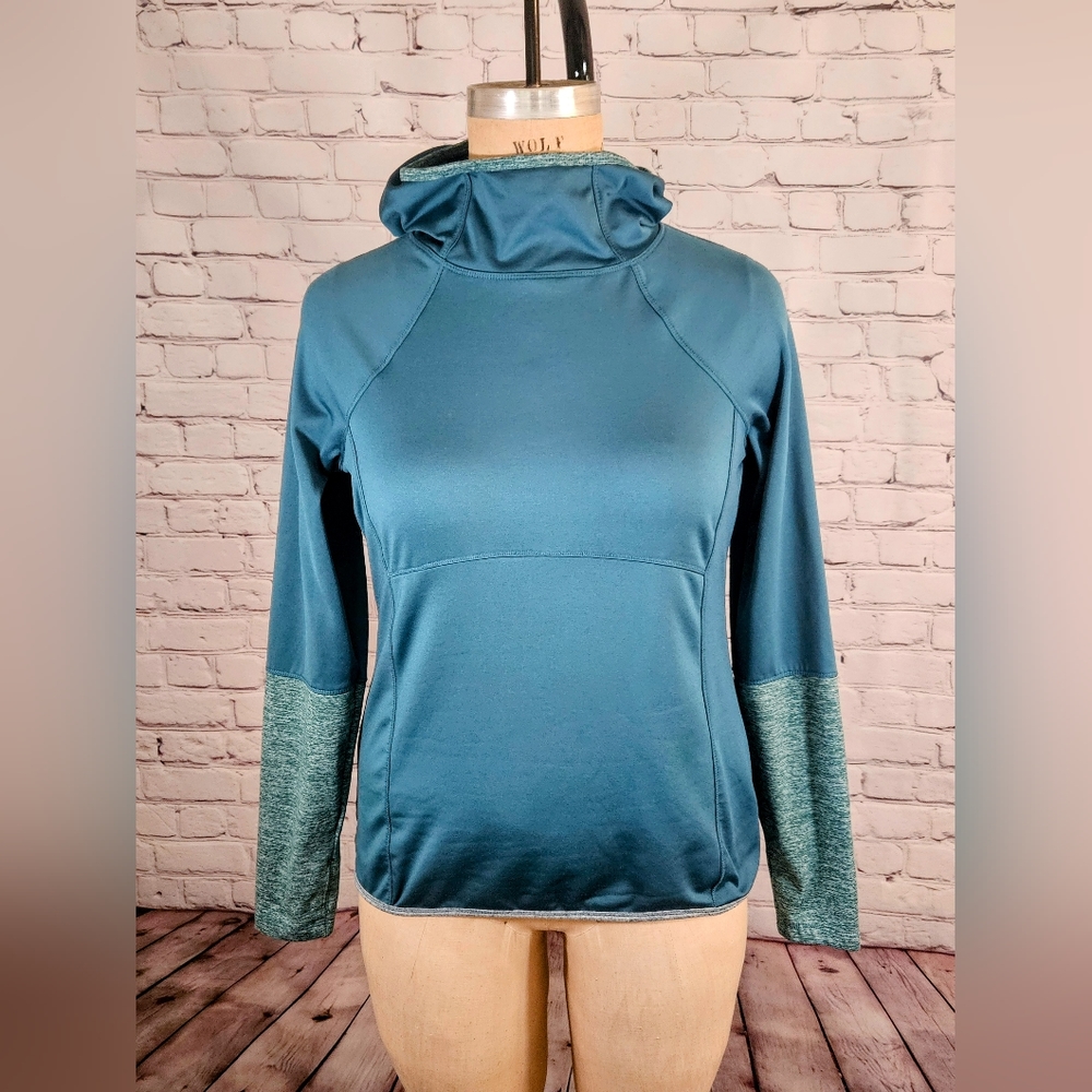 EUC Avia Size L Teal Space Dye Microfleece Hooded Workout Shirt w/Thumbholes